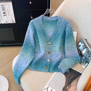 Fábrica personalizada LOGO OEM cárdigan suéter largo Otoño Invierno largo degradado <span class=keywords><strong>Chaqueta</strong></span> de <span class=keywords><strong>punto</strong></span> transfronterizo ropa de <span class=keywords><strong>mujer</strong></span> al por mayor - Product Image 3
