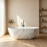 Baignoire autoportante en résine de pierre gris-blanc veinée marbre, ovale, avec robinet au sol, pour villa et hôtel