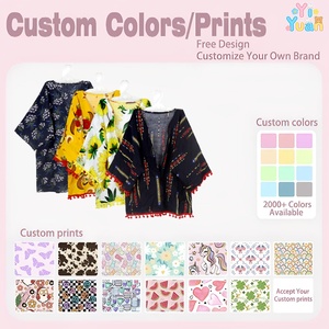 <span class=keywords><strong>Kimono</strong></span> per Bambine con Stampa Girasole su Base Bianca, Bordo con Pompon, Maniche a Pipistrello, Copricostume Estivo da Spiaggia per Bambine - Product Image 3