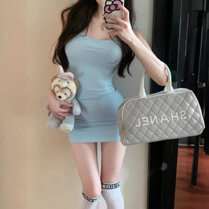 Light Blue Bodycon Halter Dress Women Summer Sexy Short Skirt Natural Waist Slim Fit Solid Color Cocktail Dress - Product Image 1