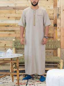 <b>Men's</b> Light Gray Short Sleeve Embroidered <b>Thobe</b> Casual Loose Fit Ankle Length Linen Daily Wear Middle East Style - Product Image 1