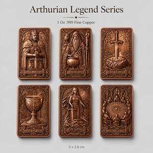 Barre commémorative en cuivre fin .999 de 1 oz, série Légende Arthurienne, avec relief 3D personnalisé du Roi <span class=keywords><strong>Arthur</strong></span> et Merlin, idéale pour un cadeau. - Product Image 1