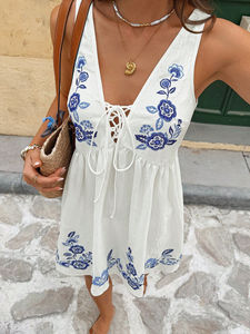 Robe courte sans manches à imprimé floral pour femme, motif tropical décontracté, plissée, taille XS, pour les sorties de jour, les vacances, l'été, agréable - Product Image 2