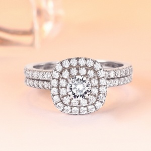 Bijoux en argent sterling 925 Zircon cubique Double halo Bague de fiançailles Bague de mariage Ensemble de mariée - Product Image 2