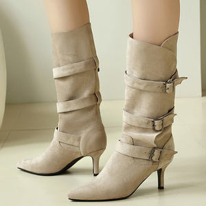 Botines de media pantorrilla con punta en pico para mujer, hebillas de gamuza, botas altas de media rodilla, zapatos de tacón alto de talla grande 46 de ajuste ancho - Product Image 1