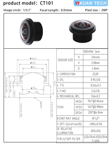 Objectif automobile 2MP, format d'image 1/3,7 pouces, longueur focale 0,93 mm, ouverture F2,08, pour caméra <span class=keywords><strong>de</strong></span> recul <span class=keywords><strong>de</strong></span> voiture - Product Image 3