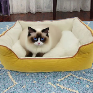 Alle Seizoenen Eco-Vriendelijke Opvouwbare Semi-Gesloten Kat <span class=keywords><strong>Bed</strong></span> Grot Moderne Gestreepte Corduroy Huisdier Kooi Kleine Middelgrote Katten Honden Goud - Product Image 5