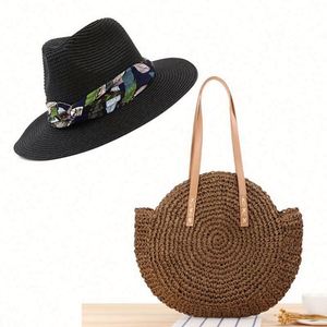 Conjunto de Sombrero Fedora de Paja Redondo con Lazo y Bolso de Paja, Sombreros de Paja Panamá Naturales para el Verano 2021, Sombrero de Playa para Mujer, Modelo KT-2850 - Product Image 5