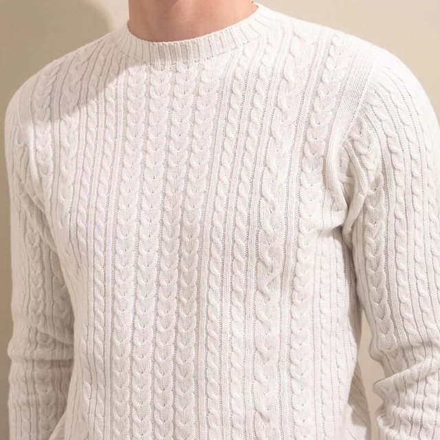 White Black Cable Knitting O-neck Fashion Casual Men's Cashmere Sweater Pullover for Winter