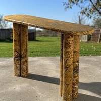 Table console de luxe en pierre marron style forêt tropicale, table d'entrée en marbre avec pieds cylindriques en pierre massif pour hôtel et villa