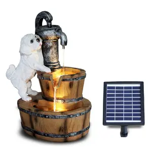Outdoor water feature polyresin Dog and wooden barrel fountain with Solar pump