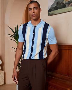 Polo en tricot vintage pour hommes, chemises de golf rayées à manches courtes et boutonnées - Product Image 4