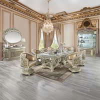Ensemble de salle à manger classique de luxe européen en bois massif avec feuilles d'argent dorées, table sculptée turque, miroir ovale, buffet, pour palais, manoir, hôtel