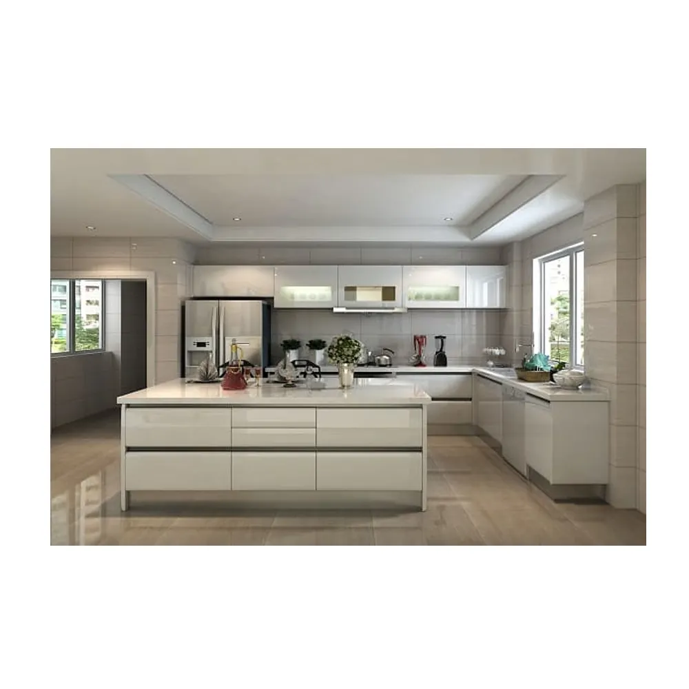 CBMmart high gloss white lacquer kitchen cabinets with island cabinet customized modular kitchen