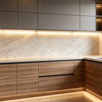 Armoires de cuisine modernes en forme de L, gris mat, grain de bois, contreplaqué personnalisé, MDF, bois massif, armoire de cuisine avec éclairage LED