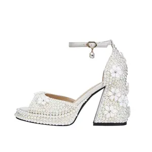 Fancy pearl high heels Platform diamond plus-size women's shoes Sparkling wedding shoes Bridal shoes