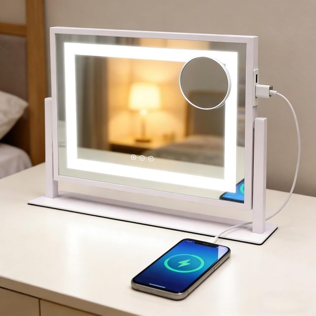 Desktop LED Vanity Mirror with Phone Charging Function Makeup Cosmetic Mirror for Dressing Table Bedroom Home Use