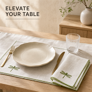 Serviettes en lin personnalisées brodées, serviettes en coton, libellules blanches et vertes, décoration de table, style classique, faites à la main, rectangulaires - Product Image 2