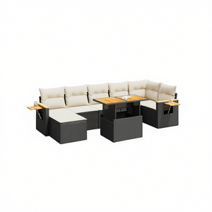 Ensemble de canapés de jardin en rotin noir avec coussins crème, 6 places, mobilier d'extérieur, design contemporain, table en teck - Product Image 1