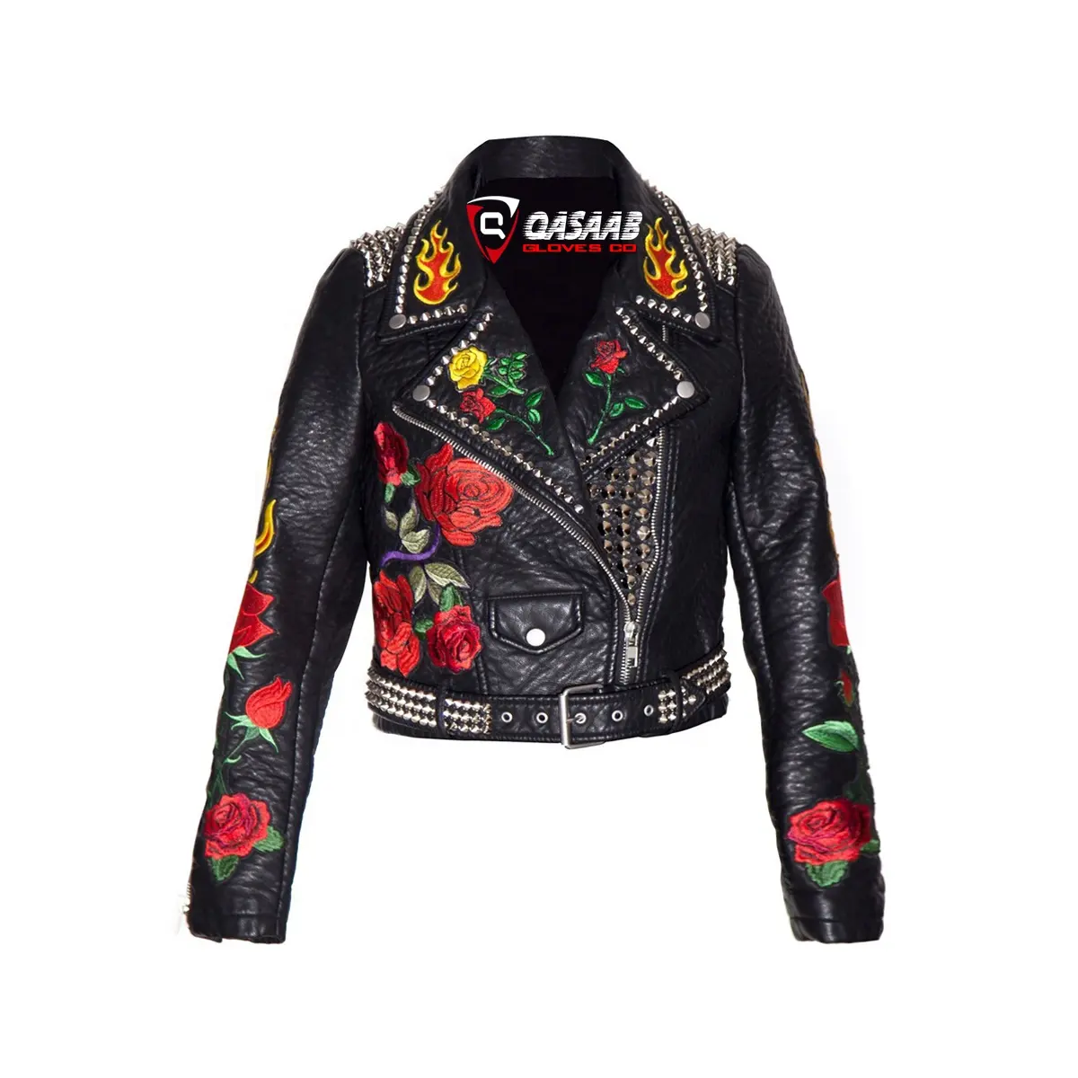 Fashion Leather Jacket Women Punk-Studded Leather Jacket Embroidered Patch Studded Jacket