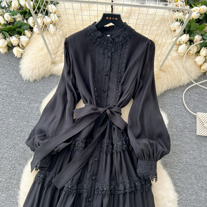 Roman <span class=keywords><strong>colletto</strong></span> <span class=keywords><strong>con</strong></span> tunica fasciante abito Midi Casual da donna manica lanterna impero ricamo pizzo <span class=keywords><strong>nero</strong></span> <span class=keywords><strong>bianco</strong></span> - Product Image 4