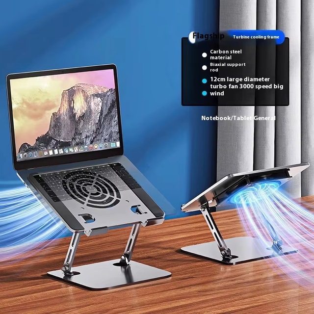 Portable Alloy Aluminum Foldable Ergonomic Adjustable Desk Computer Standing Holder Laptop Stand with Big Cooling Fan