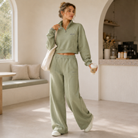 Conjunto de Dos Piezas de Marca Propia para Mujer: Sudadera Corta de Algodón Felpa Verde Salvia con Cremallera de Cuarto y Pantalón de Chándal de Pierna Ancha de Cintura Alta