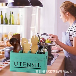 Wooden Utensil Storage Box <b>Kitchen</b> Organizer Multi Function For Cutlery And Cookware Countertop <b>Rack</b> Shandong Made - Product Image 2