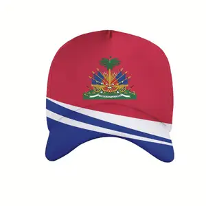 Sombrero de béisbol personalizado con Logo de Haiti, gorra de béisbol de poliéster con estampado de sublimación suave, color rojo y azul, 6 paneles, venta al por mayor