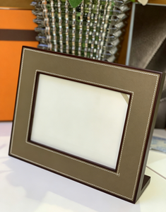 Elegant Taupe Leather <b>Picture</b> <b>Frame</b> With Solid <b>Wood</b> Stand For Home And Office - Product Image 3