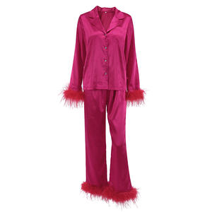 <span class=keywords><strong>Pigiama</strong></span> in Raso <span class=keywords><strong>Rosso</strong></span> Rosa per Donne, Estivo Sottile ed Elegante con Piume, Completo Casual con Vita Elastica - Product Image 1
