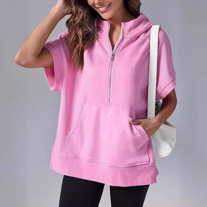 Sweat à capuche pour femme à manches courtes, marque privée, printemps-été, streetwear, vêtement d'extérieur, logo par transfert thermique - Product Image 1