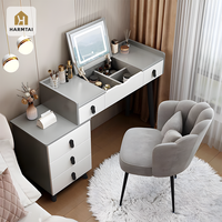 Table de toilette moderne en bois HarmTai avec miroir LED intégré pour chambre à coucher, rangement maquillage, 3 tiroirs, forme en L, blanc