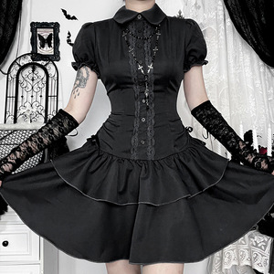 Robe Courte Boutonnée Style Preppy à Manches Courtes Coupe Trapèze, Tenues Décontractées Gothiques avec Nœud et Lacets, Mini-Robes Zippées pour Femmes, Vêtements de Soirée - Product Image 2