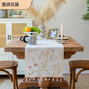 <b>Table</b> <b>Runner</b> Floral Embroidery Tassel Edge 33 In Polyester For <b>Dining</b> Coffee <b>Table</b> Decor - Product Image 3