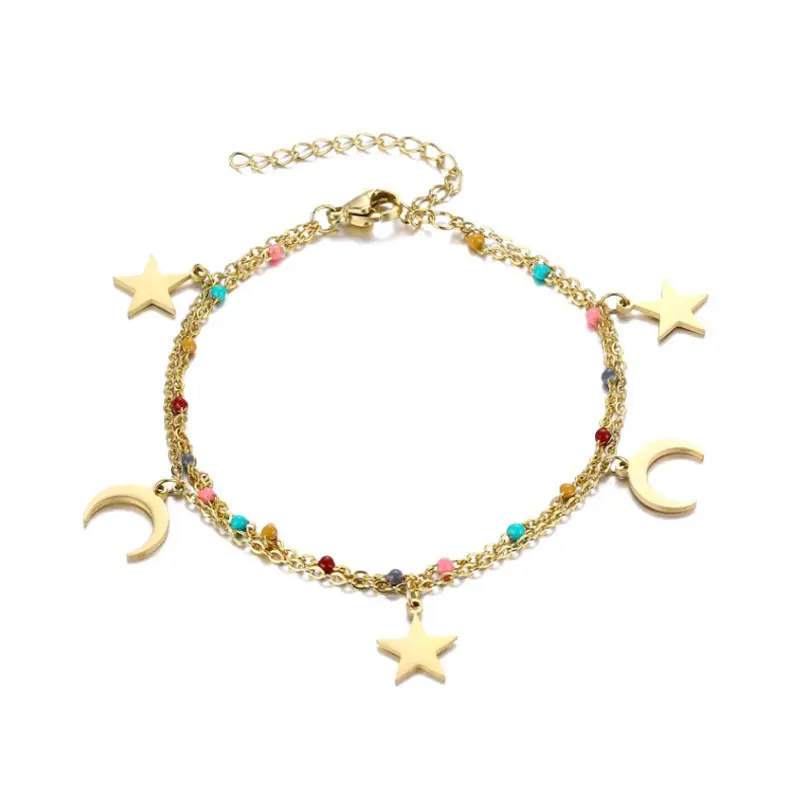 Zomer Trendy Titanium Staal Druipende Olie Star Moon Hanger Dubbellaags Ketting Armband