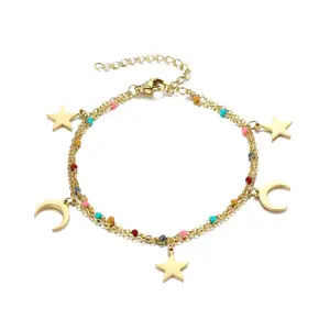 Verano moda titanio acero goteo aceite estrella Luna colgante doble capa cadena pulsera