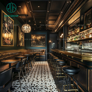 Ensemble de meubles Ron Group pour restaurant commercial : <span class=keywords><strong>table</strong></span> carrée en bois, banquette rembourrée en cuir à dossier haut et tabourets de bar - Product Image 3