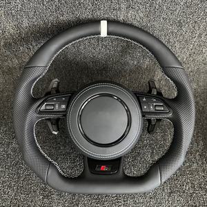 Volant en cuir véritable noir à rayures blanches personnalisées, semi-perforé, pour <span class=keywords><strong>Audi</strong></span> A1 A3 A4 A5 A6 A7 S/RS Q3 Q5 Q7 TT <span class=keywords><strong>R8</strong></span> - Product Image 1