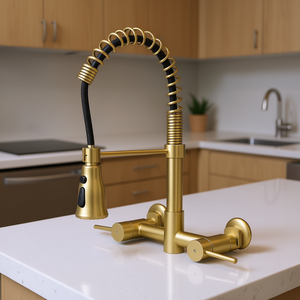Robinet de cuisine mural à 2 poignées, finition or brossé, avec douchette extractible, design moderne pour cuisines - Product Image 2