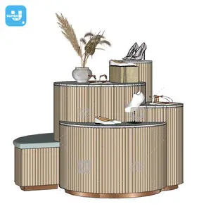 Custom Wooden Accessory Round Tiered Fixtures Solid Wood Pos Display Rack Top Marble Boutique Pop Up Display Stand for Shoes