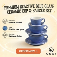 Ensemble de tasses à café et soucoupes en porcelaine fine brillante, 3 pièces, bleu périvinyle, design italien moderne, durable, marque LEXI, pour la maison et l'hôtel