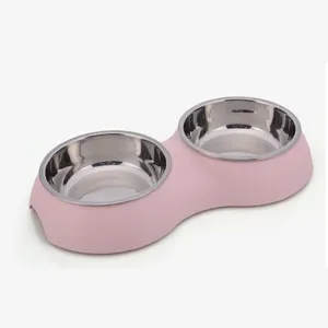Puppies Stable Plastic Dual Double Stainless Steel Removable Dishes Food Water Pet Feeder Bowl For Dog