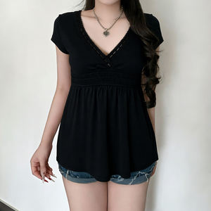 T-shirt sans bretelles ajusté pour femme, couleur unie foncée, taille haute, décontracté, manches courtes, écologique, respirant, haut d'été - Product Image 1