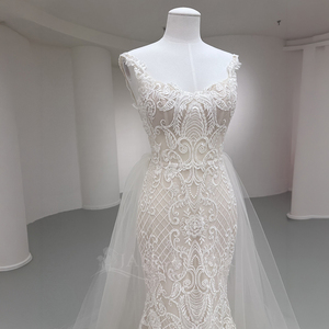 Nt138 Elegant Lace Mermaid Wedding Dress Sleeveless Illusion Bridal Gown With Detachable Tulle Overskirt and Train Jancember - Product Image 3