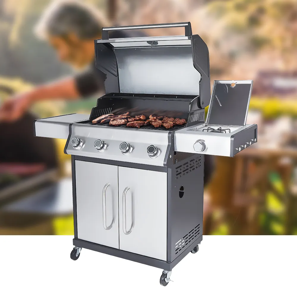 Thép không gỉ 4-burner BBQ Propane gas không khói nướng Tủ phong cách gas nướng với Side Burner