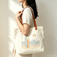 Sac fourre-tout en toile personnalisé avec imprimé planche de surf, soleil et vagues, poignée en cuir à rivets, sac de plage d'été pour femmes