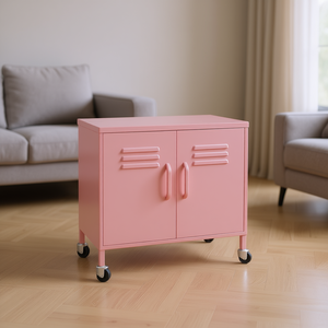 <b>Pink</b> Steel Rectangular Storage <b>Cabinet</b> Compact Living Room Furniture With Wheels Modern Minimalist Design - Product Image 2