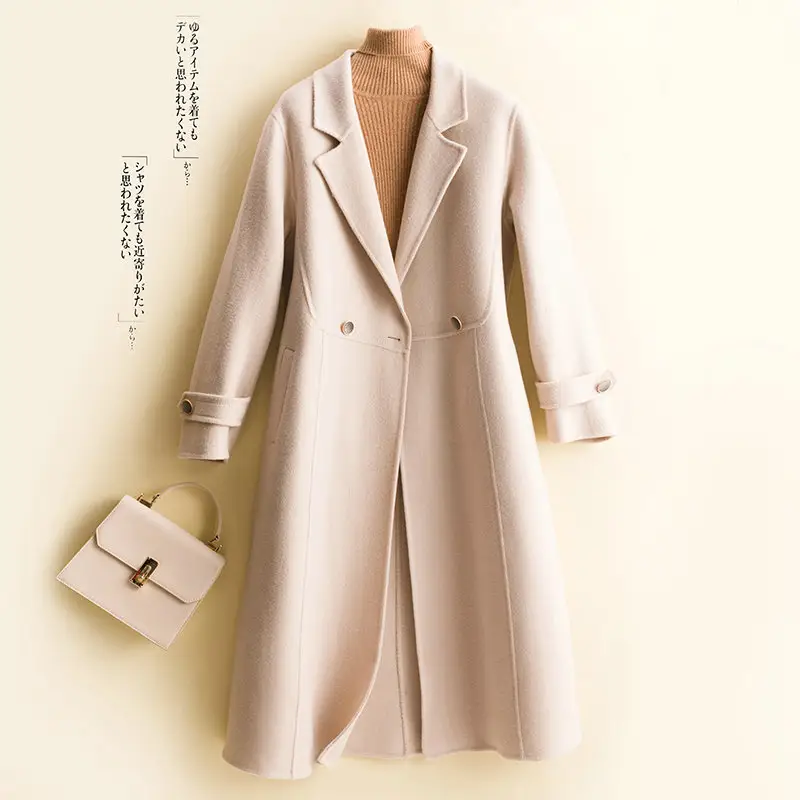 Classic Women 100% Wool Winter Trench Coat Ladies Button Warm Overcoats Double Faced Jackets
