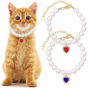 Collier ras du cou en perles pour chat, imitation perle, pendentif cœur en strass, style élégant, cadeau pour chats et chiens - Product Image 1
